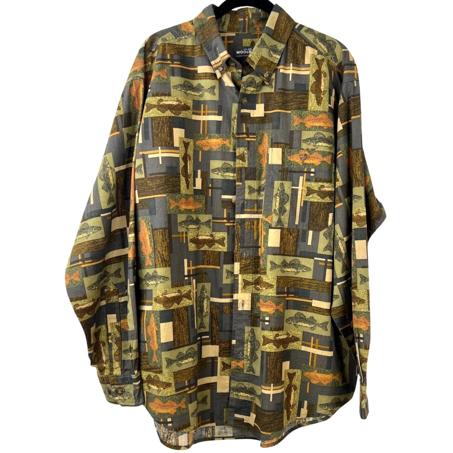 Woolrich Men's Slate Fish Blocks Casual Outdoors Button Down Camp Shirt Size L