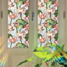 Window Privacy Film, Stained Glass Window Film, 3D Lotus Rainbow Static Cling...