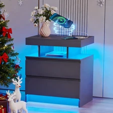 dnbss Nightstand with Charging Station and LED Light, Modern Night Stand with...