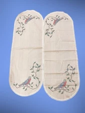 Lot Of 2 Cotton Table Or Dresser Runners With Robin / Birds Cross Stitch 40 X 14