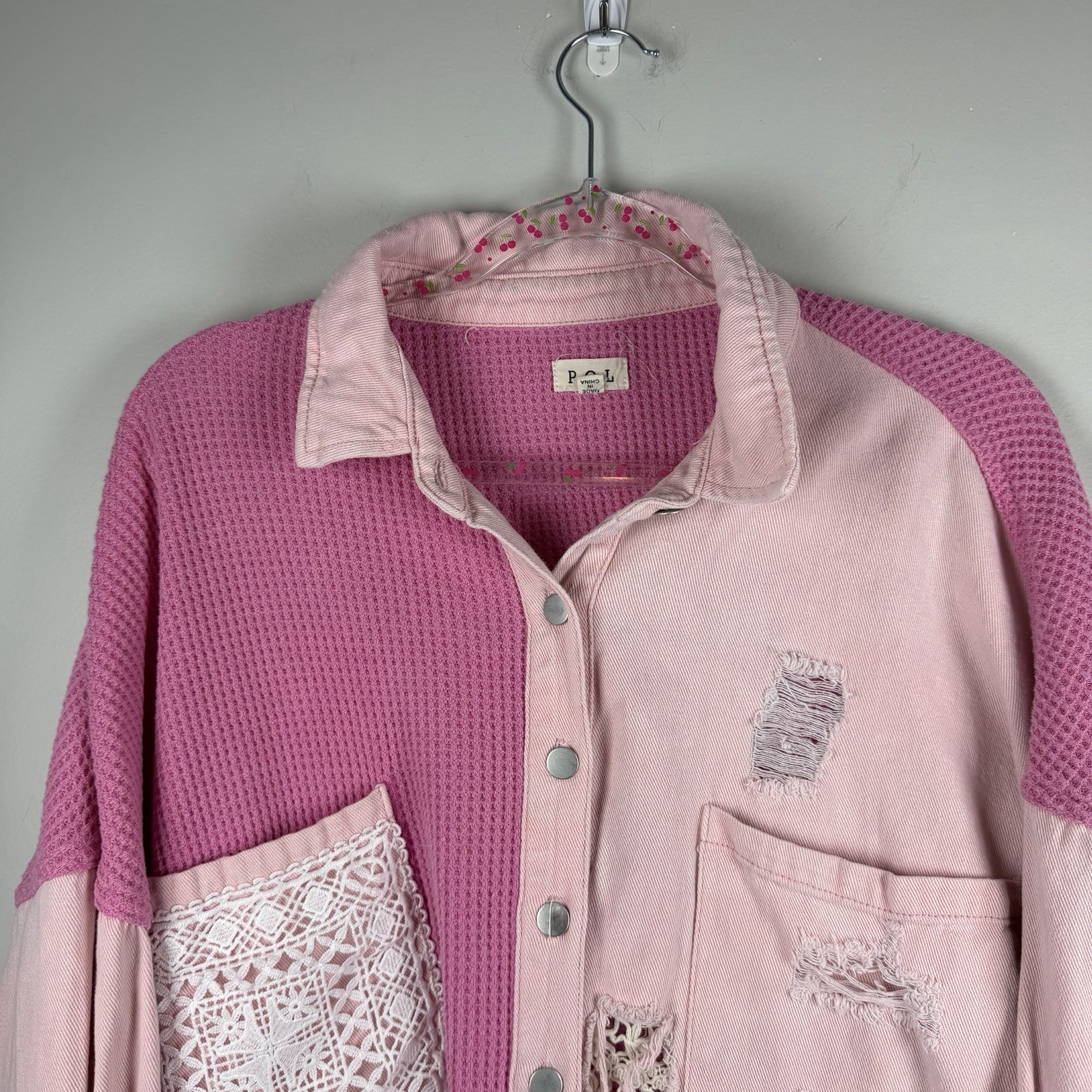 POL Pink Patchwork Distressed Shacket Grunge Croc… - image 5