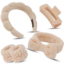 Spa Headband Wristband Set with Hair Clips Skincare Headbands for khaki