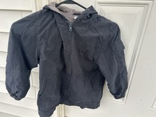 Used boys Gymboree small 5-6 navy blue and grey zip up jacket with hood