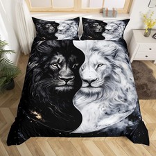 Wild Lion Couple Duvet Cover Set Queen Size Tropical African Animal Bedding S...