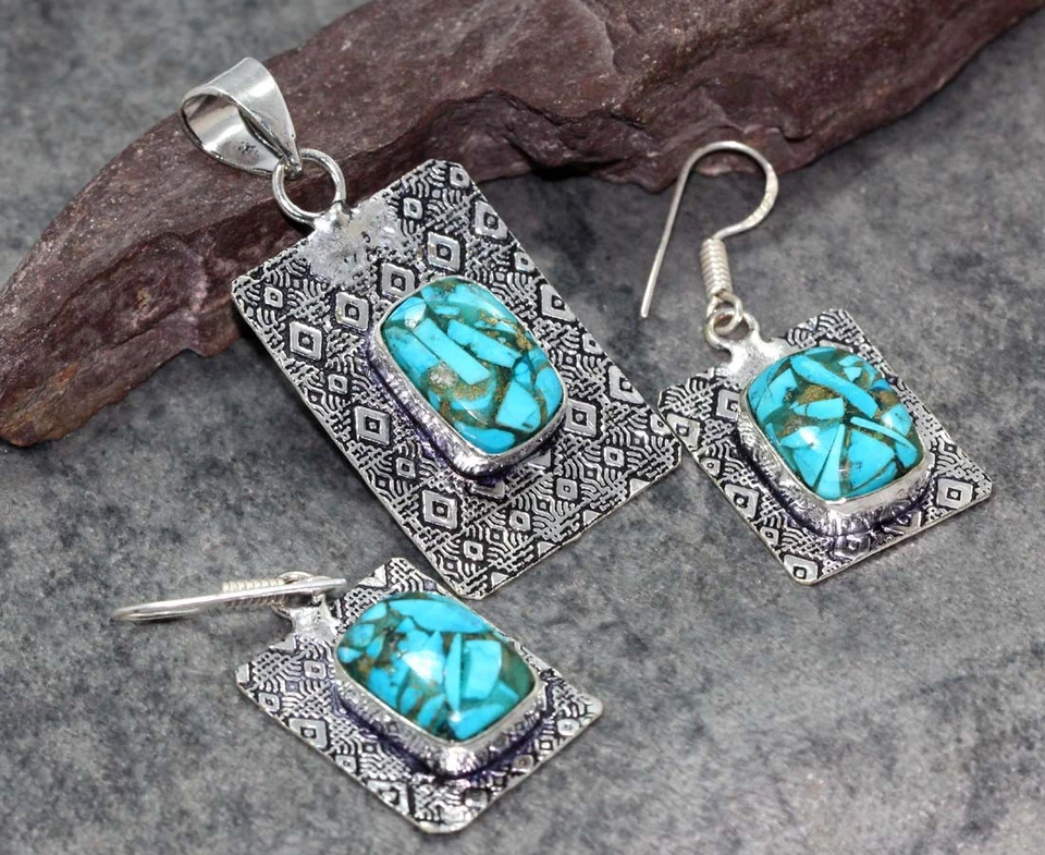 Copper Turquoise 925 Silver Plated Pendant Earrings Set 1.6|1.7" AU C835