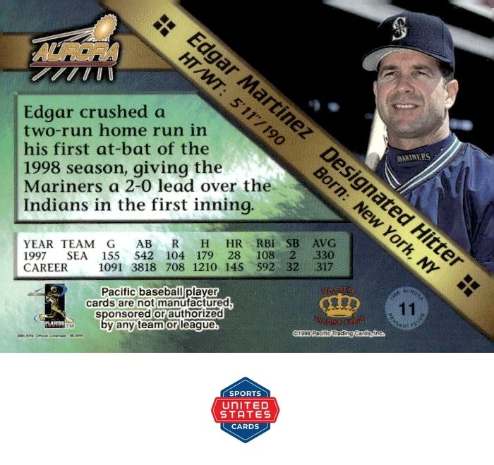 1998 Pacific Aurora #11 Edgar Martinez Pennant Fever - Image 2 of 2