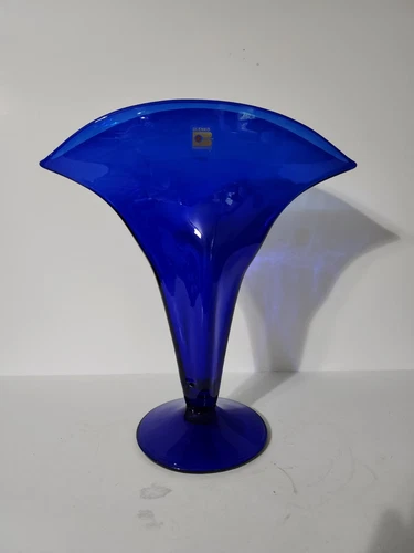 Blenko Hand Made Cobalt Blue Glass Fan Vase & Original Sticker 1980s-1990s 12 in