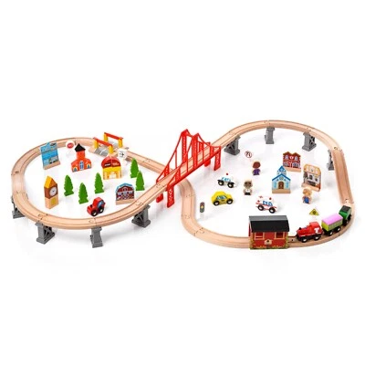 KINDERLLY Holzeisenbahn Set Holzspielzeug Eisenbahn Set für Kinder Spielzeug 110x21x67 cm