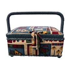 VTG Cloth Padded Sewing Basket Box Sunflower Fall Wicker Handle Satin Interior