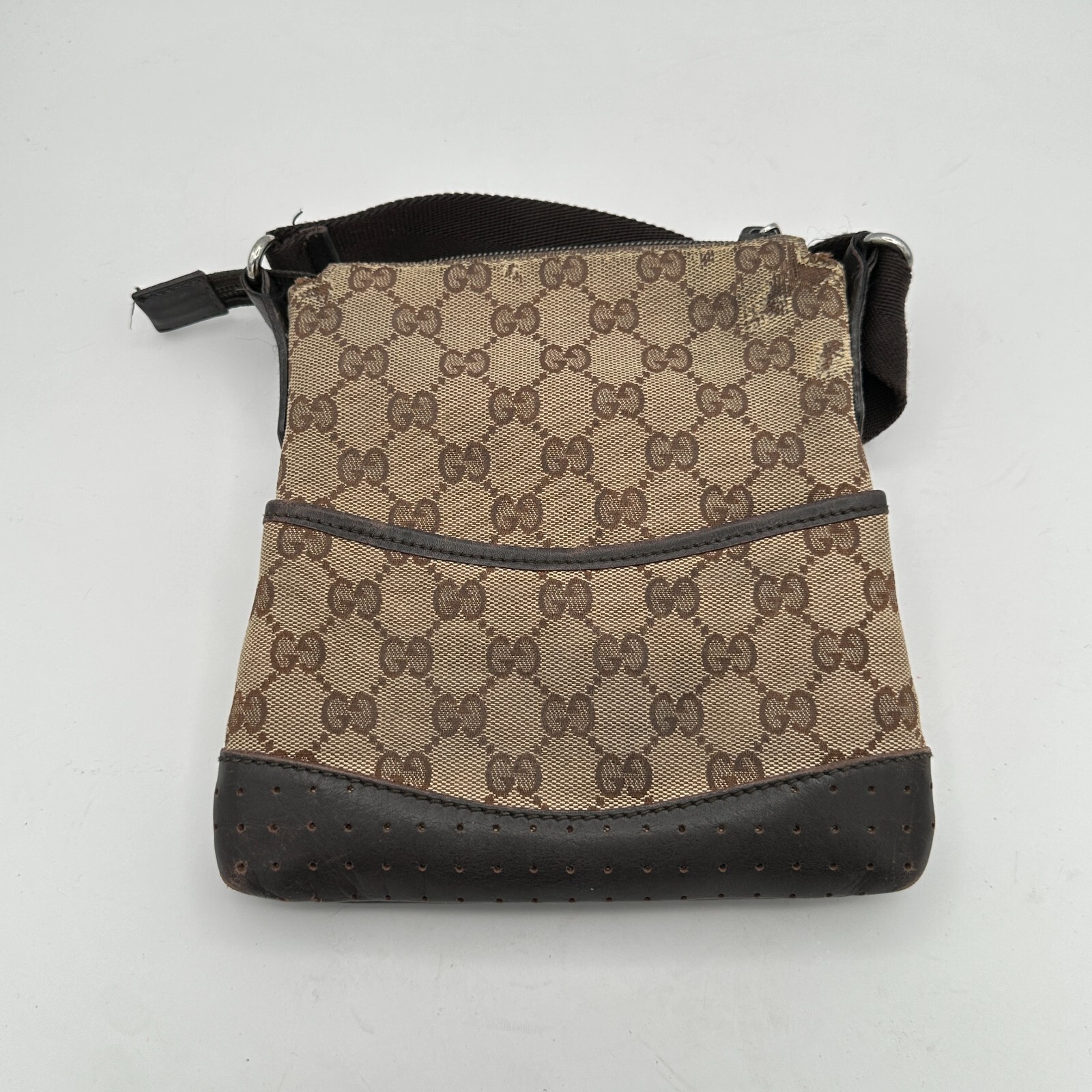 Gucci GG Monogram Crossbody Bag Women Brown Canvas Leather Purse HEAVY USE