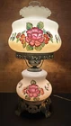 Vintage Hand Painted Floral Milk Glass Electric 3 Way Hurricane Table Lamp 20"
