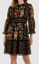 Tahari Asl Women Black Mixed-Print Velvet-Trim 3/4-Sleeve Dress Size 4