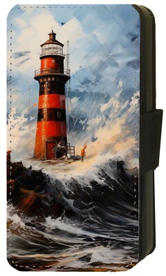 Leuchtturm Ölgemälde bedruckt iPhone Pixel Galaxy Geschenk Flip/Geldbörse Etui (A)