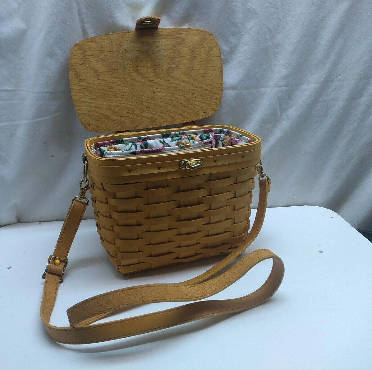 LONGABERGER Basket 1998 Hand Woven Wood Purse Bag Leather Shoulder Strap Liner