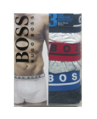 Hugo Boss Men's White Light Gray-Black Cotton Stretch Boxer Shorts 3 Pack