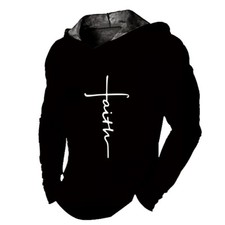 Men Hoodie Faith Christian Cross Pullover Hooded T-Shirt Black Silky LightWeight