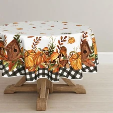 Fall Tablecloth 90×90 Inch Round Thanksgiving Autumn Harvest Pumpkin Mushroom...