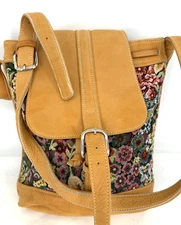VILLAGE TANNERY By Sevestet Tan Leather Tapestry Needlework Bucket Bag Handbag