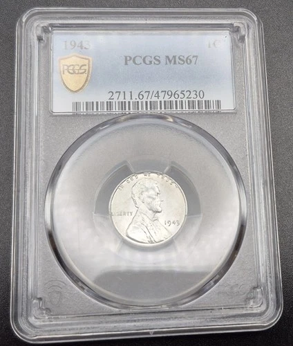 1943 1C Lincoln Steel Wheat Cent PCGS Graded MS 67 Wartime Coinage