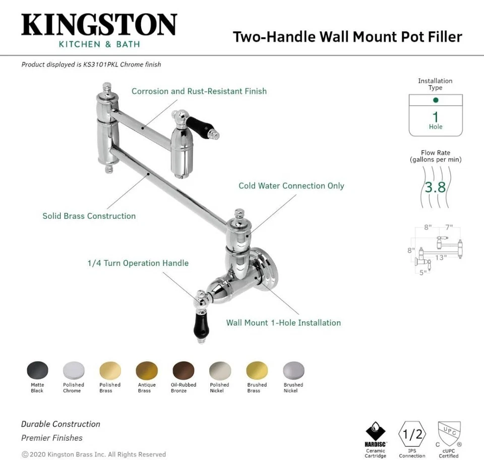 Kingston Brass KS310.PKL Duchess 3.8 GPM 1 Hole Wall Mounted Pot Polished Chrome - Image 3 of 4