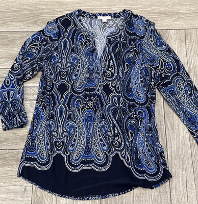 DB Established 1962 Polyester Spandex Blouse Blue Black Bracelet sleeve Size M