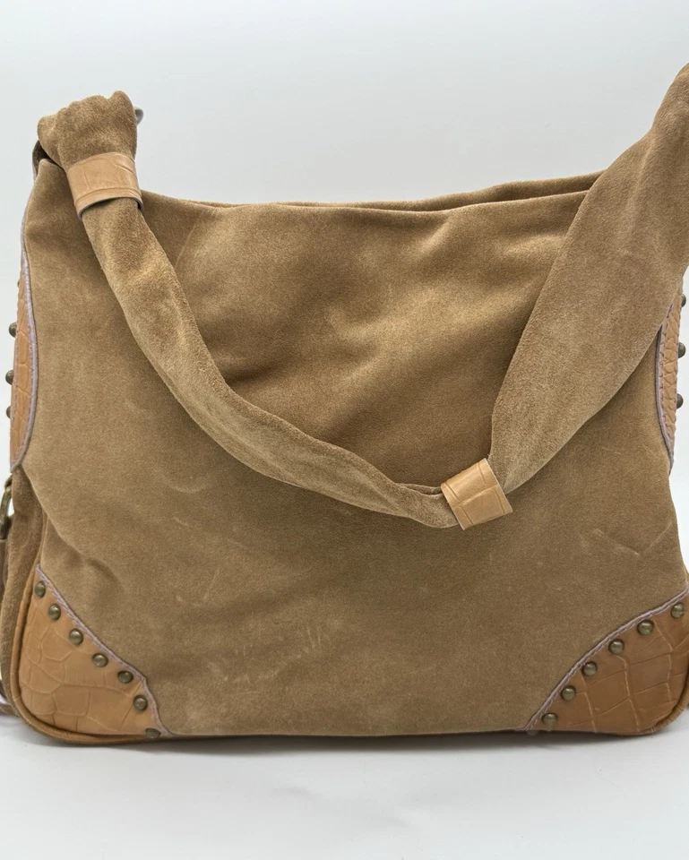 NOA Brown Suede & Leather Shoulder Bag w/ Fringe Made In Italy Purple Trim Boho - Image 2 of 4