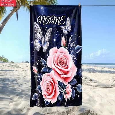 1pc Custom Name Rose ButterflyBeach Towel - Soft, Ultra-Absorbent Microfiber,