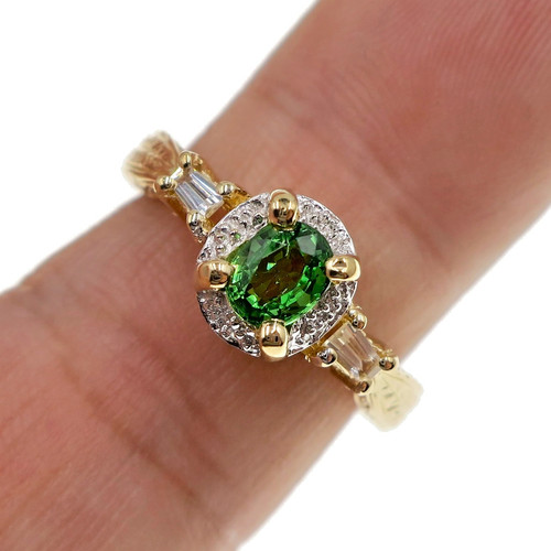14k Solid Yellow Gold Natural Green Tsavorite Garnet and Diamond Ring Size 7