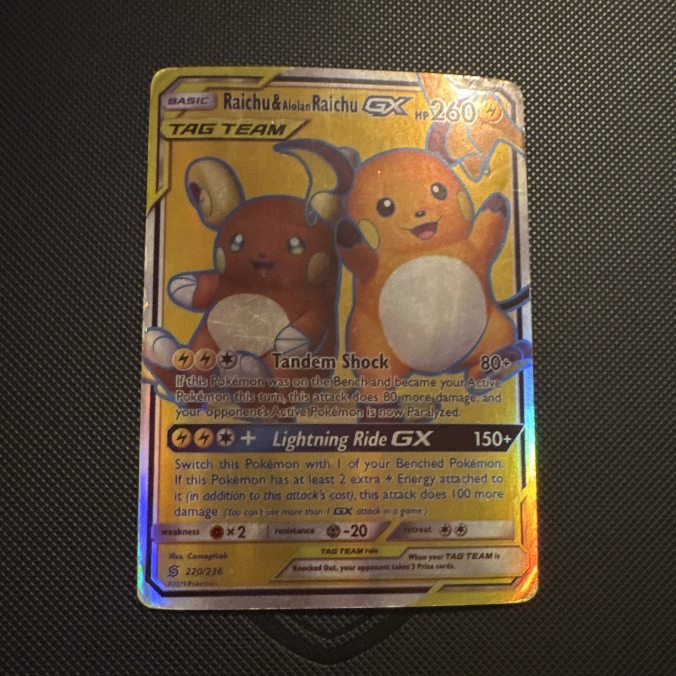 Pokemon Co. Raichu & Alolan Raichu GX 260 HP Holo Full Art 220/236 Unified Minds
