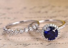 Lab Created 3Ct Sapphire Halo Engagement Bridal Ring Set 14K White gold Plated