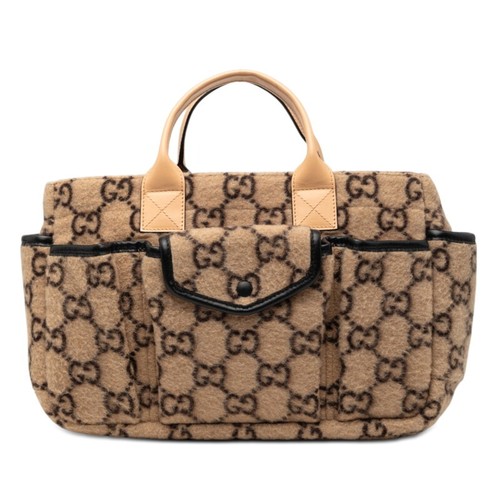 Gucci GG Wool Handbag Mini Tote Beige Black Leather Women's From Japan