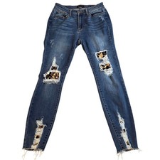 Judy Blue Leopard Patch Distressed Skinny Jeans Size 9/29 Mid Rise Raw Hem Denim