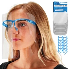 Salon World Safety Blue Face Shields with Glasses Frames (25 Pack) - Anti-Fog