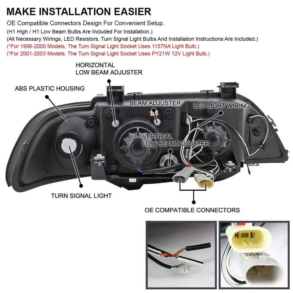 Fits 1996-2003 BMW E39 525i 528i 530i LED Halo Projector Headlights Lamps 96-03 — 第 4/4 张图片