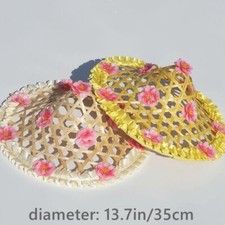 1X Cappello Sole In Paglia Intrecciata Bamboo Giallo Bianco Bimbo Unisex