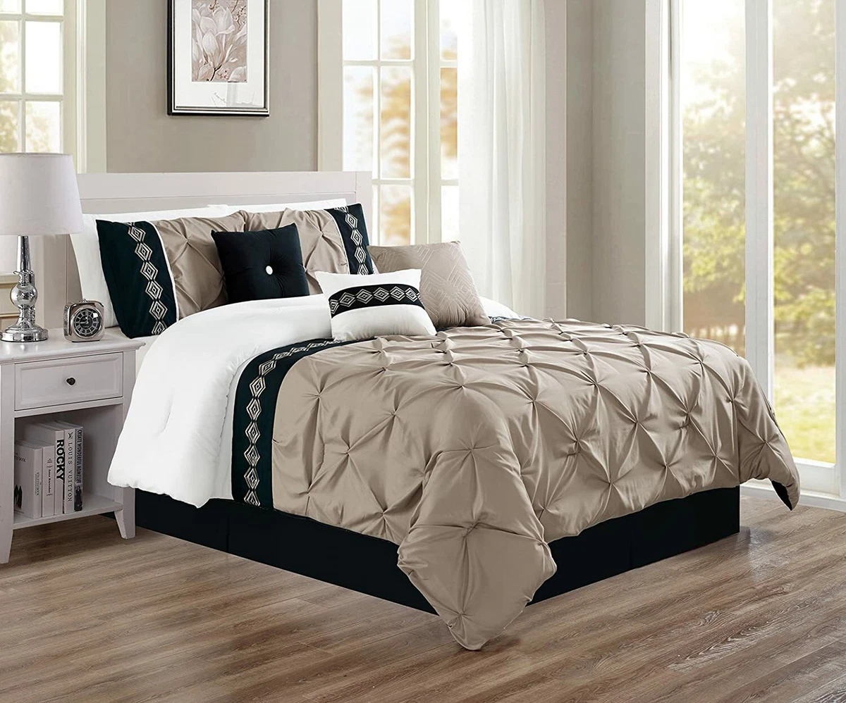 Beige Black White Pintuck Striped 7pc Comforter Set Twin Full