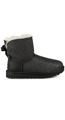 UGG BLACK MINI BAILEY BOW SPARKLE SHEEPSKIN BOOTS WOMEN US 7/UK 5
