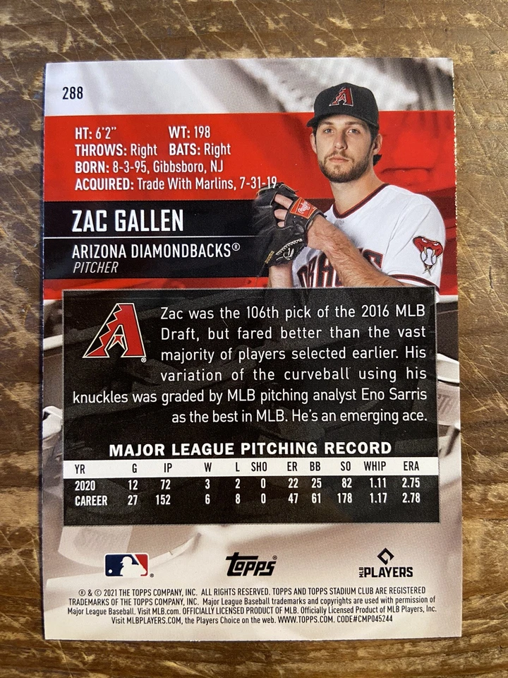 Zac Gallen 2021 Topps Stadium Club Sepia #288 Diamondbacks - Image 2 of 2