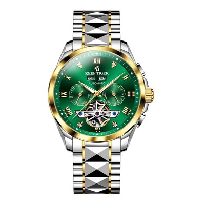 Reef Tiger Men Automatic Watch Mechanical Luminous Skeleton Year,Month,Week,Date