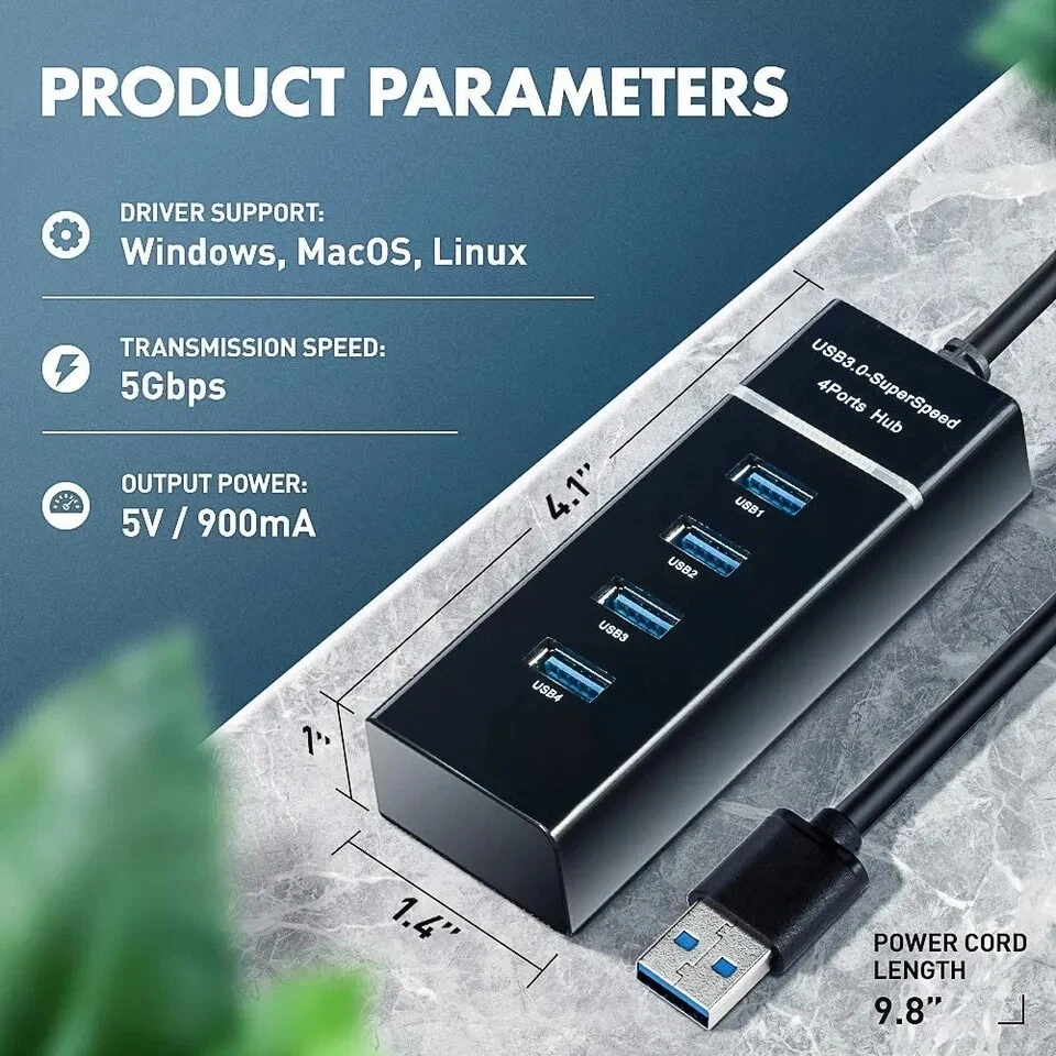 4-Port USB 3.0 Hub for Laptop & PC - High-Speed Data Transfer & Extra Ports