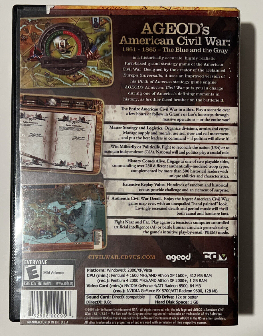 Ageod's American Civil War: 1861-1865 The Blue and The Gray Windows PC Game  New 852898000958