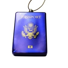 Blue Passport Christmas Holiday Ornament With Gold Design and Hanging Cord