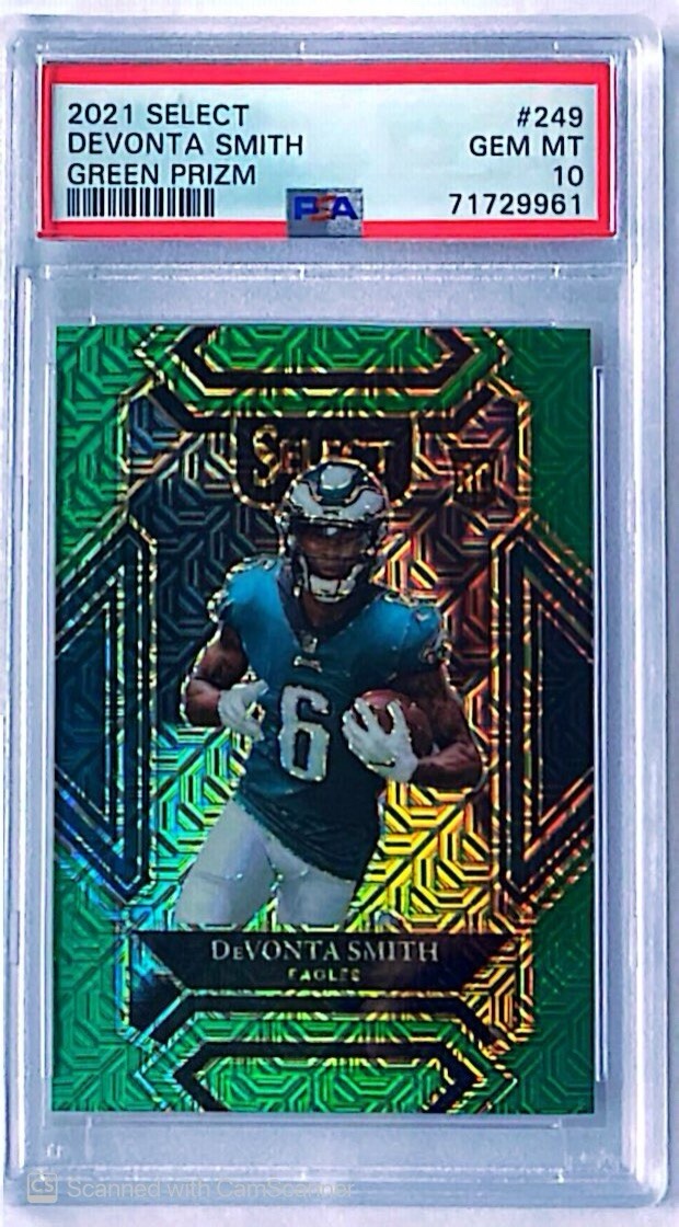 2021 Select DeVonta Smith Rookie Club Level Green Prizm 3/5 Eagles PSA 10