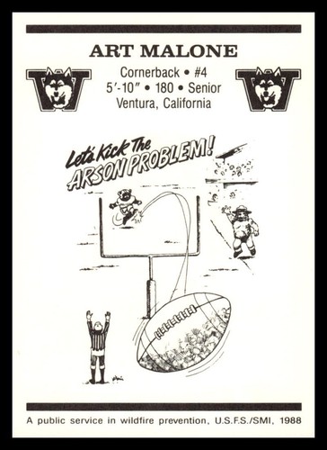 1988 Smokey Bear Washington Huskies Art Malone Football Card - Picture 2 of 2