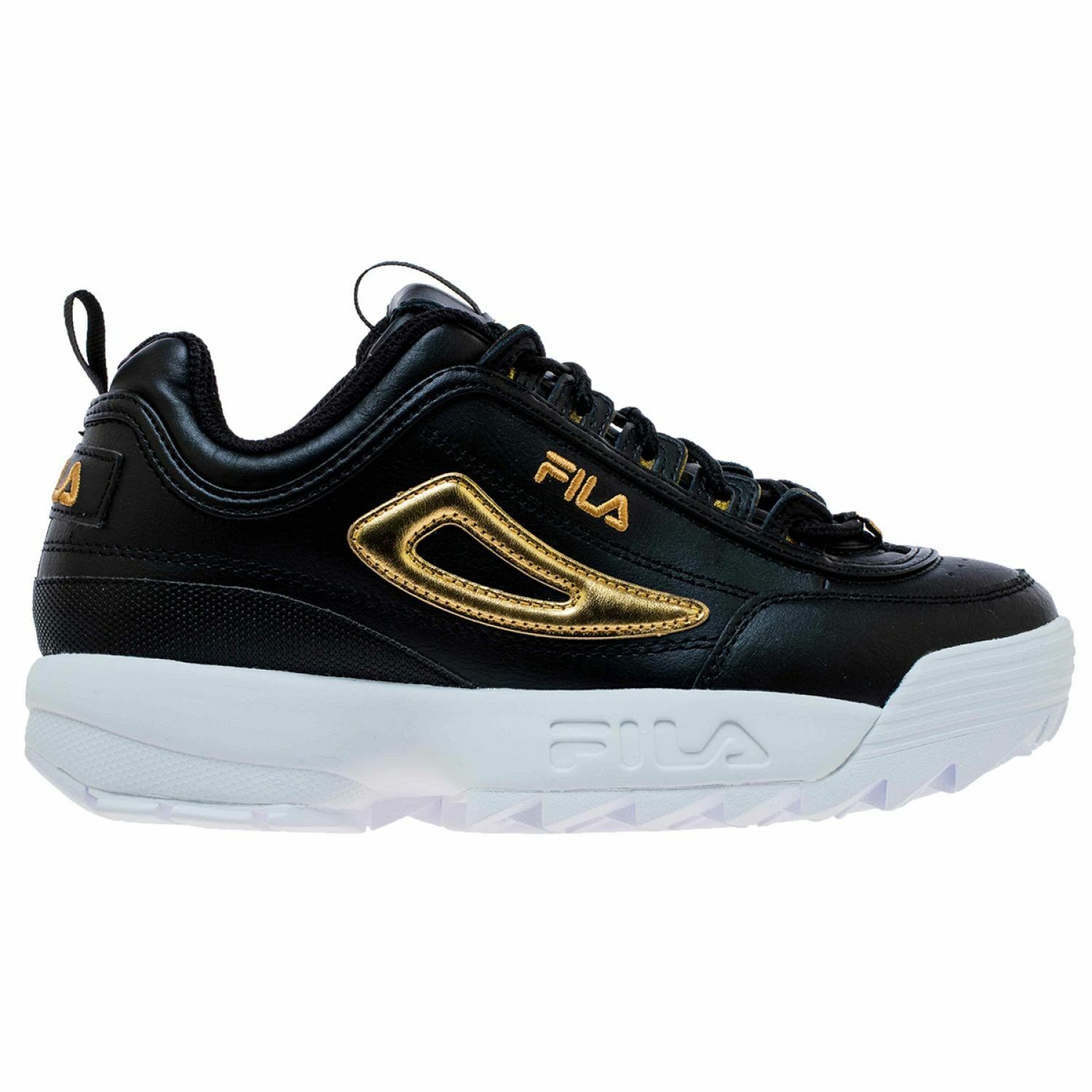 black and gold fila trainers