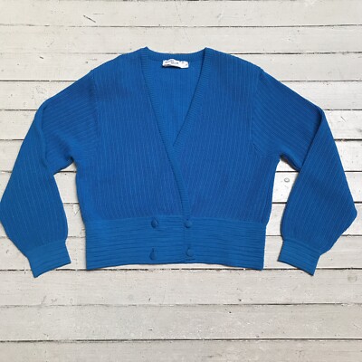 VTG LORETTA BLOOM Ireland Blue Sweater Jumper Cardigan Deep V Neck 14 M