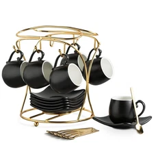 3 oz Espresso Cups with Saucers Set of 6 Black Porcelain Coffee Cups Stand