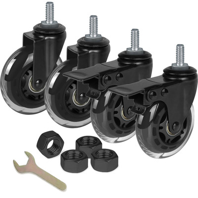 3'' Rubber Caster Wheels Heavy Duty Set of 4 with M10-25 Threaded Stem with 2 Bra