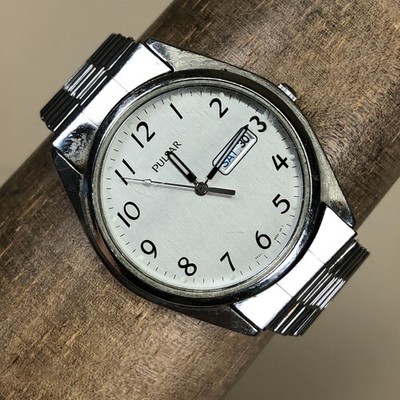 Vintage Pulsar Men VX33-0AA0 Day Date Silver Expansion Quartz 36mm