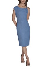 HALSTON H Women's Sleeveless Boat Neck Textured Knit Dress, Sky, Size-12